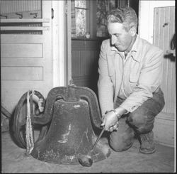 William Bianchini and the old school bell from Iowa School, Two Rock, California, March 26, 1955