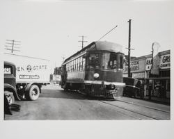Petaluma and Santa Rosa Railroad car heading south on Main Street