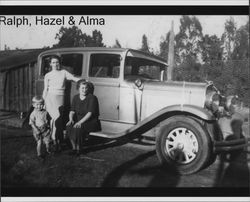 Ralph, Hazel and Alma Nissen pose in front of a car, Petaluma, California, about 1938