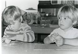 John Villalovas and Philip Meadows working with clay at the Analy Nursery School, Sebastopol, California, about 1971