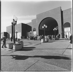 Crowds gathering outside Santa Rosa Plaza on opening day, Santa Rosa, California, 1982