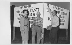 Old Adobe Association members standing by a Fiesta sign, Petaluma, California, 1970