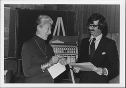 Helen Putnam and an unidentified man discussing the McNear Building, Petaluma, California, 1979