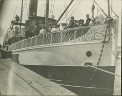 Passengers standing on the bow of the Cabrillo in port, San Pedro, California, 1905