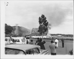 Barn at the Petaluma Adobe engulfed in flames, about 1955