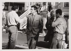 Mark Harmon and crew members in a Petaluma, California, neighborhood during the 1991 remake of "Shadow of a Doubt"