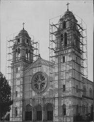 St. Vincent de Paul Church enclosed in scaffolding, Petaluma, California, 1979