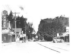 Train no. 221, powered by Engine no. 9, leaves Guerneville for Sausalito at 7:27 a.m., Guerneville, California, 1929