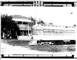 Petaluma and Santa Rosa Railroad car no. 51 in front of the Electric Hotel, Forestville, California, about 1910