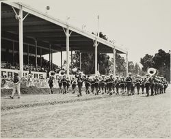 US Marine Corps Band marches on Farmers' Day at the Sonoma County Fair, Santa Rosa, California, photographed before 1961