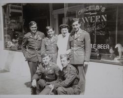 Group of soldiers with Alyce Lambert stand in front of Cincera's Restaurant, Petaluma, California, photographed between 1941 and 1946