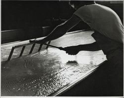 Unidentified man cutting curt into small pieces at the Petaluma Cooperative Creamery, about 1955