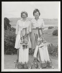 Doris Acorne and DeDe Gilardi golfing at the Petaluma Golf and Country Club in Petaluma, California, about 1960