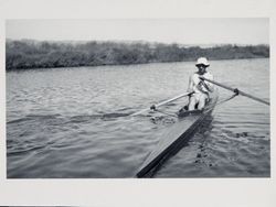 George P. McNear, Jr., sculling on the Petaluma River, Petaluma, California, about 1910