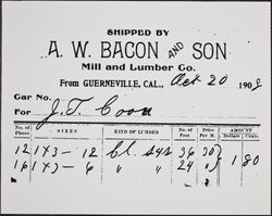 AW Bacon & Sons Mill invoice, Guerneville, California, October 20, 1909