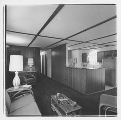 Living room, dining and kitchen area of an Irontree Home, Santa Rosa, California, 1972