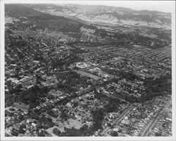 Aerial view of eastern Santa Rosa, California with Memorial Hospital in center, 1955