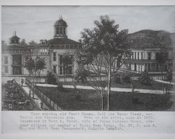 View showing old courthouse, jail and Roney Block, corner of Fourth and Mendocino Streets, 1870