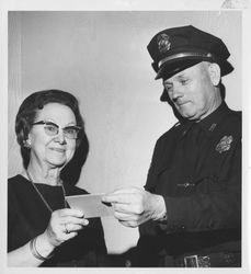 Beth Zoppi and Petaluma police chief Melvin (Noonie) Del Maestro, Petaluma, California, 1965