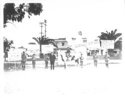 Petaluma Boy Scouts carrying thank you signs with the Petaluma chicken symbol, Chanticline, Petaluma, California, 1923