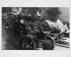 White swan driving white doves--car of Margaret Butts in Rose Parade