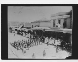 Band marching in a parade, Petaluma, California, about 1895