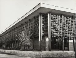 Northwest corner of the Central Library showing the redwood screen, Santa Rosa, California, 1969