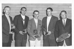 Group of young men holding trophies, Petaluma, California, 1966