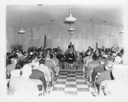 Mayor Schoeningh speaks while visiting dignitaries listen, Petaluma, California, 1955