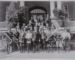 Washington Grammar School Band pose on the steps of the school, Petaluma, 1920s