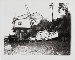 Jan-B washed ashore by a winter storm, Bodega Bay, California, January 1959