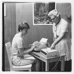 Instructor with a student transcribing from a Stenocord 260 dictation machine at Luther Burbank College of Commerce, Santa Rosa, California, 1971
