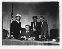 A.W. Parent with police and fire chief and E.A. Matzen, Petaluma, California, 1958