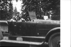 Shirley and Harold Lapham with dog Shep in 1924 Nash touring car converted to pick-up