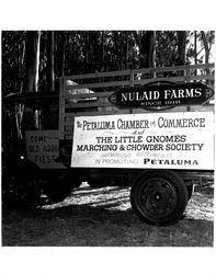 Nulaid Farms truck decorated with Old Adobe Fiesta signs, Petaluma, California, about 1965