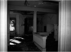 Interior of the Leo & Shopie Jehle Ranch house, 1175 Sonoma Avenue, Santa Rosa, California, showing the living room and stairs, Feb. 19, 1991