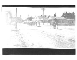 Fraternal organization marching in a parade, Petaluma, California, about 1885