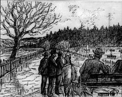 Artist's sketch looking west toward present-day Guerneville Road at the edge of the flooded Laguna de Santa Rosa, near the site of the drowning of Ed Stump in 1897