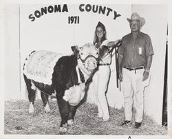 Kathy Hagerman and her prized polled Hereford at the Sonoma County Fair, Santa Rosa, California, 1971