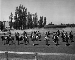 California Centaurs mounted junior drill team practicing at the Sonoma County Fairgrounds, Santa Rosa, California, 1946