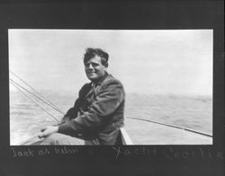 Jack London at the helm of the yacht Cecilia, 1911