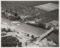 Aerial view of Memorial Beach and Park and the Memorial Bridge, Healdsburg, California, 1953