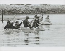 Raft races on the Petaluma River during the Old Adobe and Petaluma River Festival of 1986