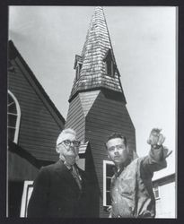 City park superintendent Lindsay Strout showing Harry Aslin around Church of One Tree, Santa Rosa, California, 1957