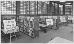 Earth Day signs at the Santa Rosa-Sonoma County Free Public Library, Santa Rosa, California, April 22, 1970