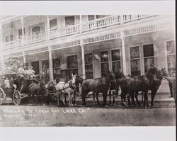 Unidentified people on a horse-drawn wagon bound for Lake County, Calistoga, California, 1909