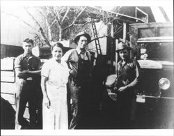 Matilda Foppiano with son, Louis, and two unidentified men, Healdsburg, California, about 1935