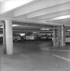 Views of wooden timber and steel beam reinforcements inside the B Street parking garage, Santa Rosa, California, November 26, 1968