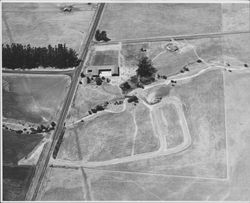 Aerial view of the Petaluma Adobe, Petaluma, California, 1962