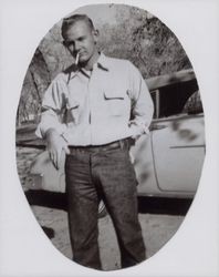 Herbert D. "Shep" Shepard by his convertible, Petaluma, California, 1951